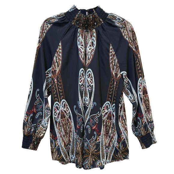 Chico's Navy Paisley Nouveau Smocked Neck Cuffs Tunic Blouse Size 2 / Large